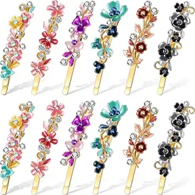 12 Pieces Vintage Flower Hair Pins Women Barrette Bobby Pins Decorative Metal Gold Tone Hairpins Colorful Floral Design Hair Clips French Rhinestone Hair Decorative Accessories for Women Girls