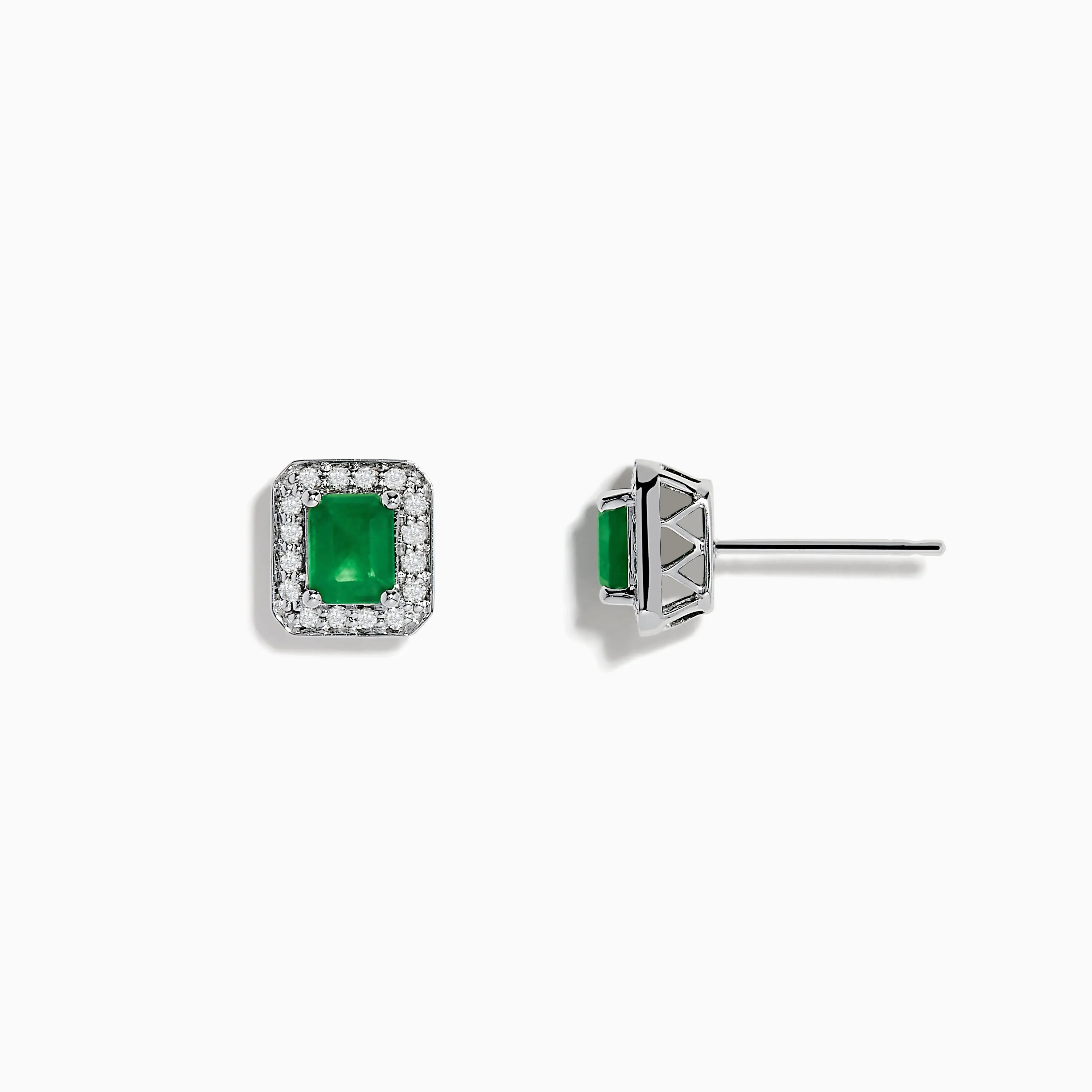 14K White Gold Emerald and Diamond Stud Earrings, 1.11 TCW