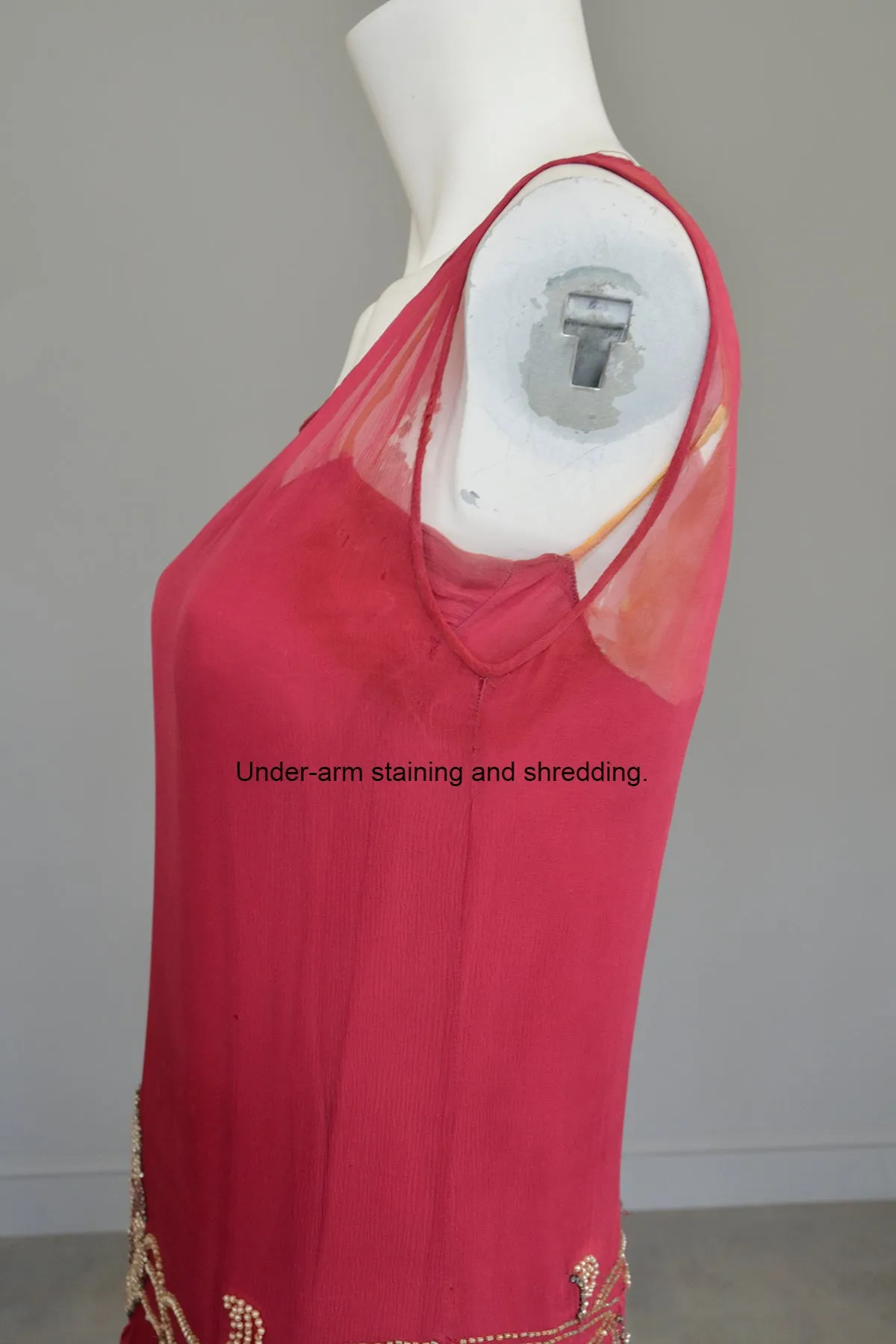 1920s Cranberry Chiffon Beaded Flapper Dress for Restoration