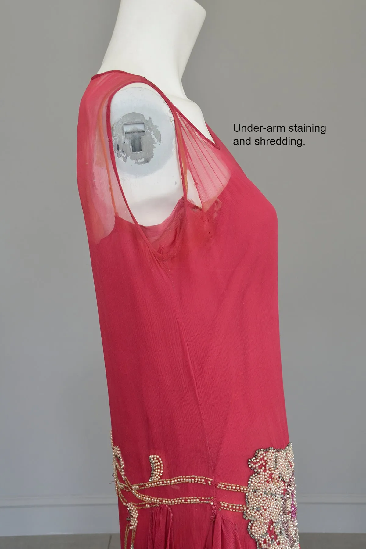1920s Cranberry Chiffon Beaded Flapper Dress for Restoration