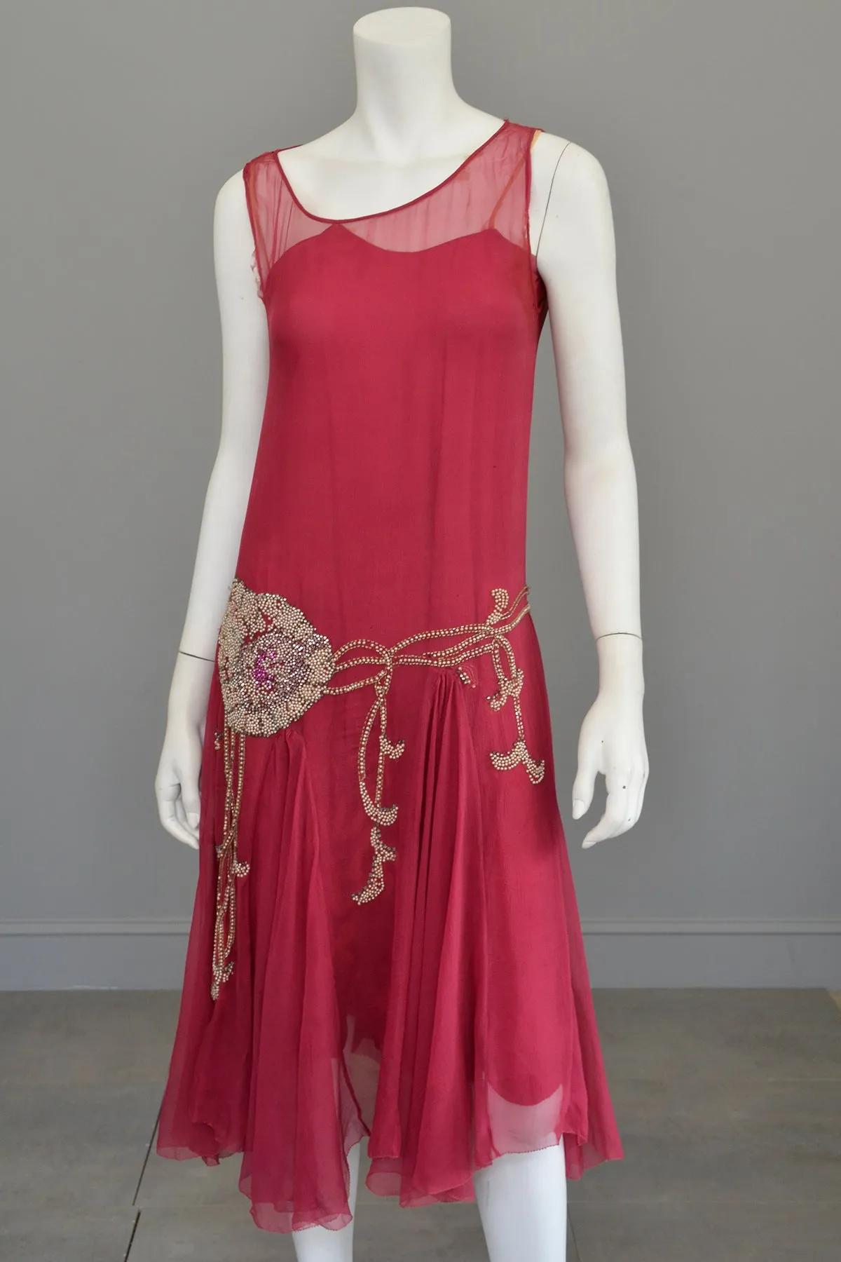 1920s Cranberry Chiffon Beaded Flapper Dress for Restoration