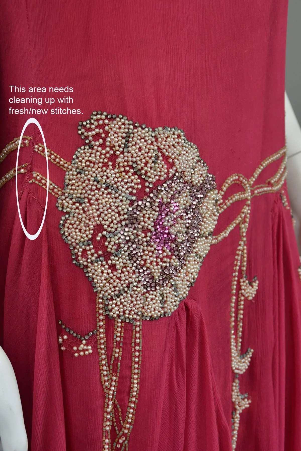 1920s Cranberry Chiffon Beaded Flapper Dress for Restoration