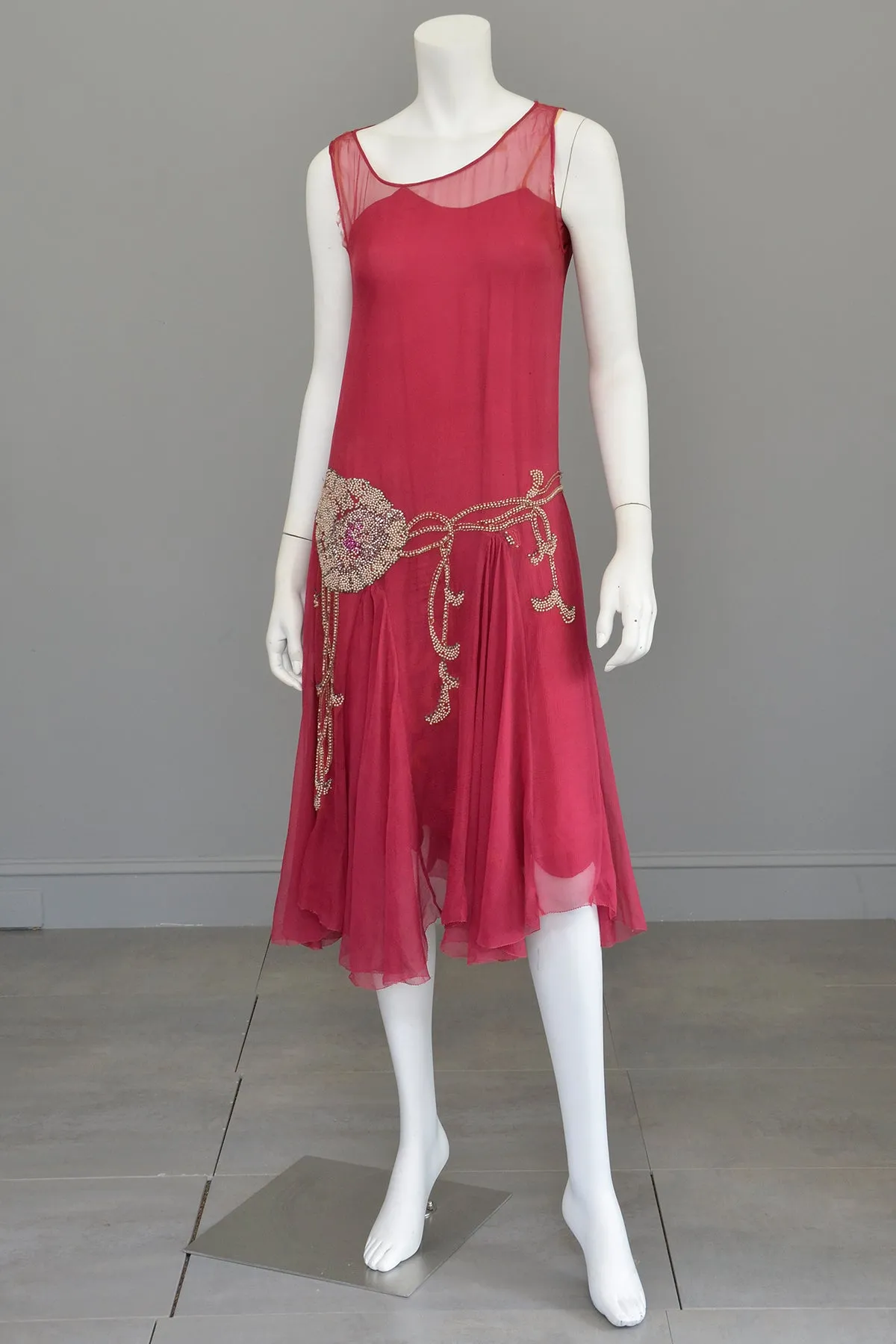 1920s Cranberry Chiffon Beaded Flapper Dress for Restoration