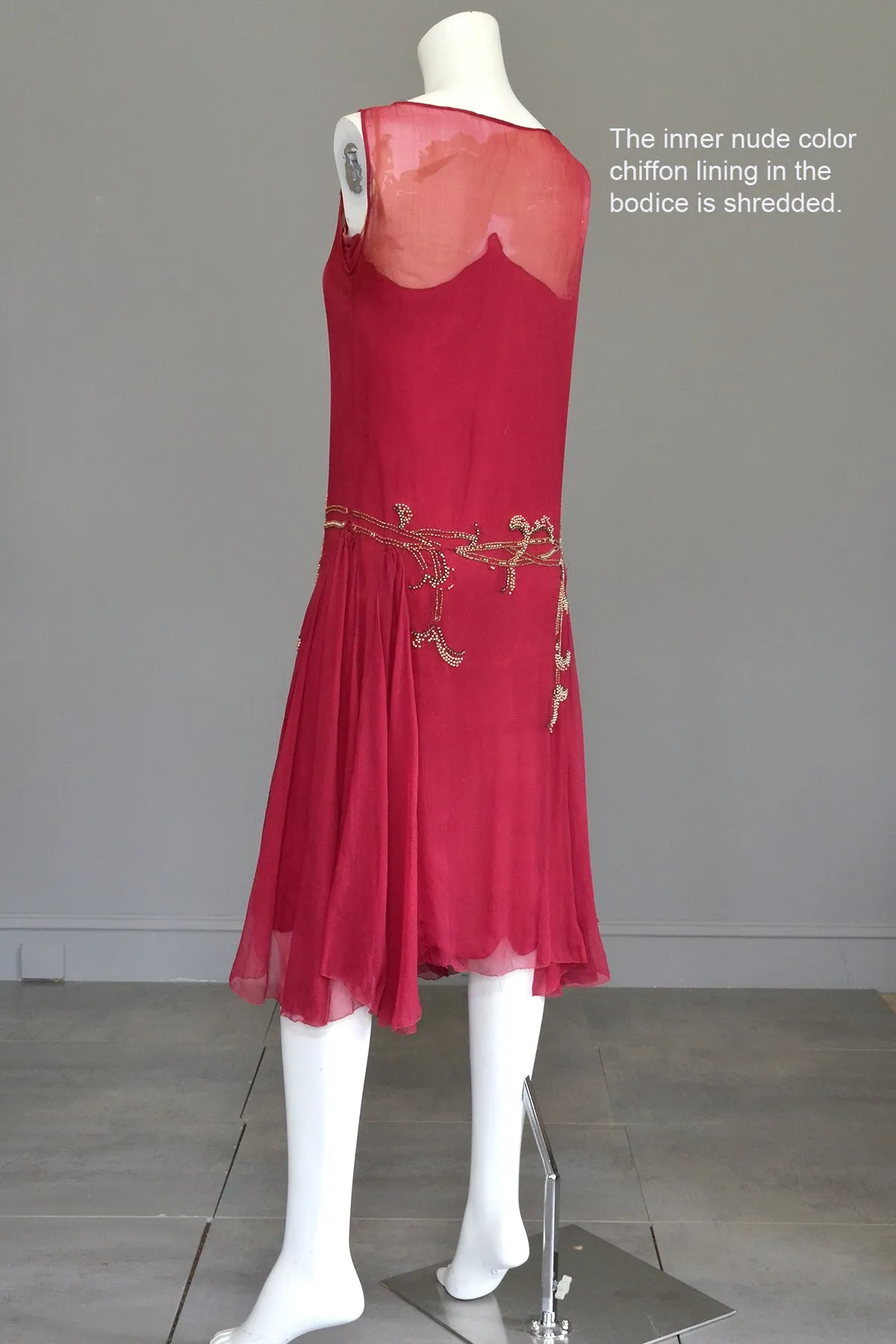 1920s Cranberry Chiffon Beaded Flapper Dress for Restoration