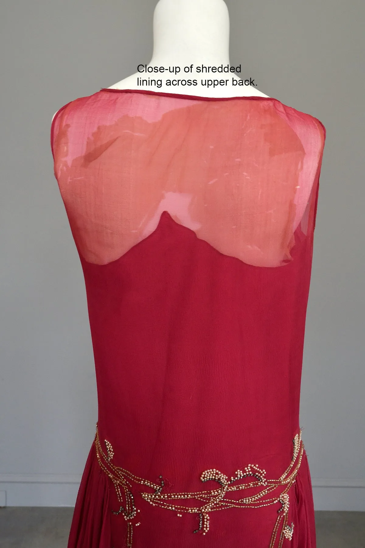 1920s Cranberry Chiffon Beaded Flapper Dress for Restoration
