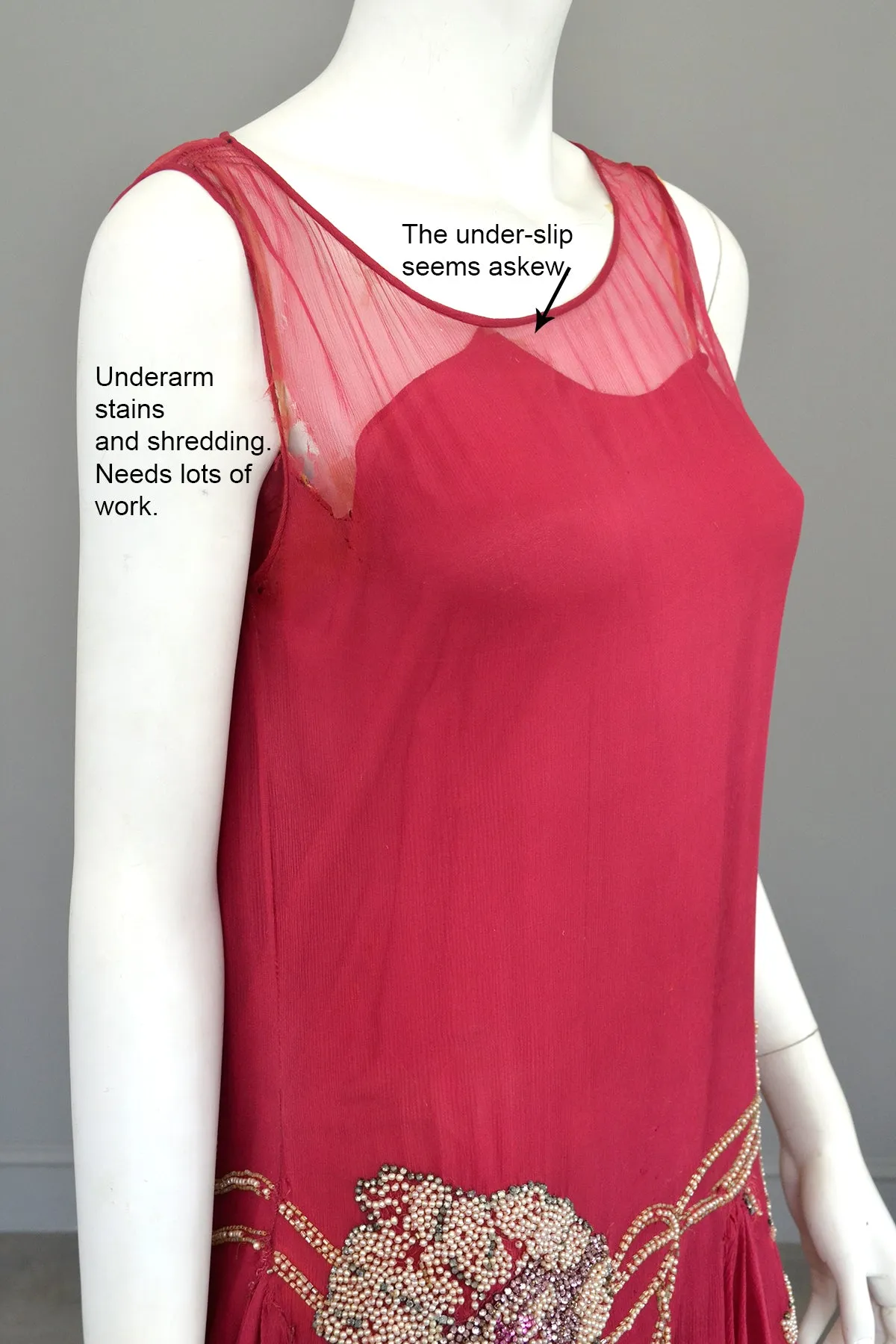 1920s Cranberry Chiffon Beaded Flapper Dress for Restoration