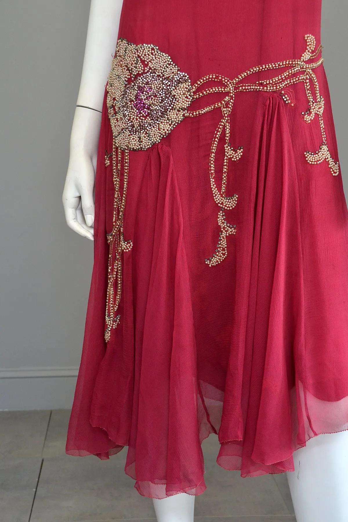 1920s Cranberry Chiffon Beaded Flapper Dress for Restoration