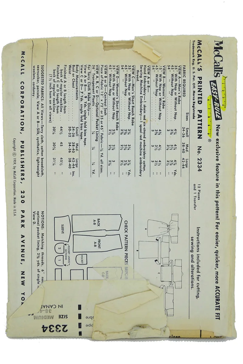 1959 McCalls 2334 Vintage His & Hers Monogrammed Robe or Beach Cover Pattern