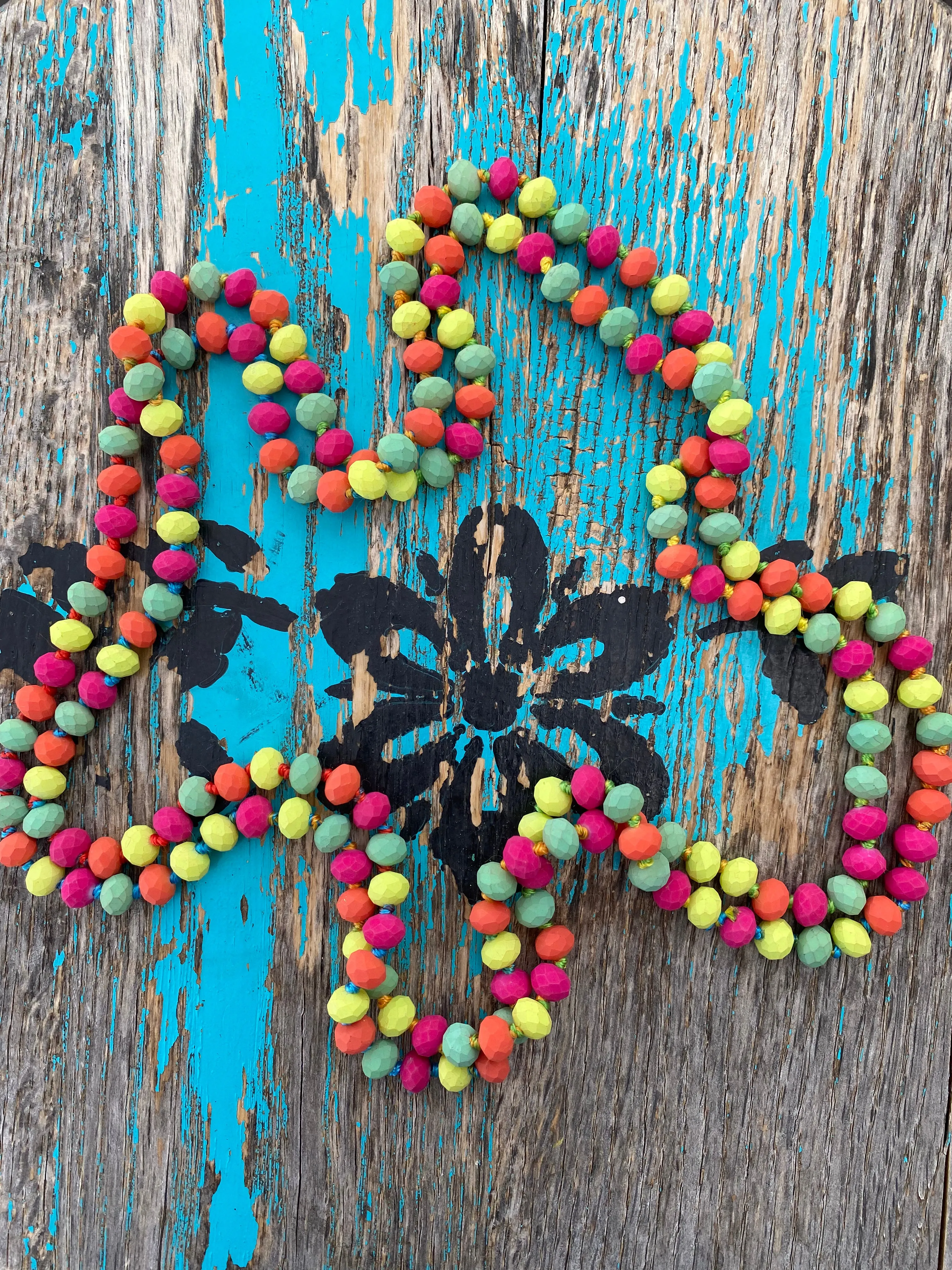 60" Hand Knotted Muted Multi NEON Bead Necklace