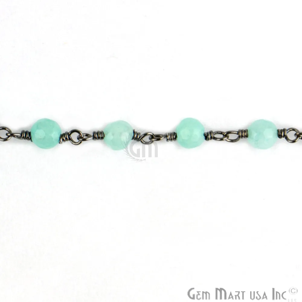 Aqua Jade 4mm Oxidized Wire Wrapped Beads Rosary Chain
