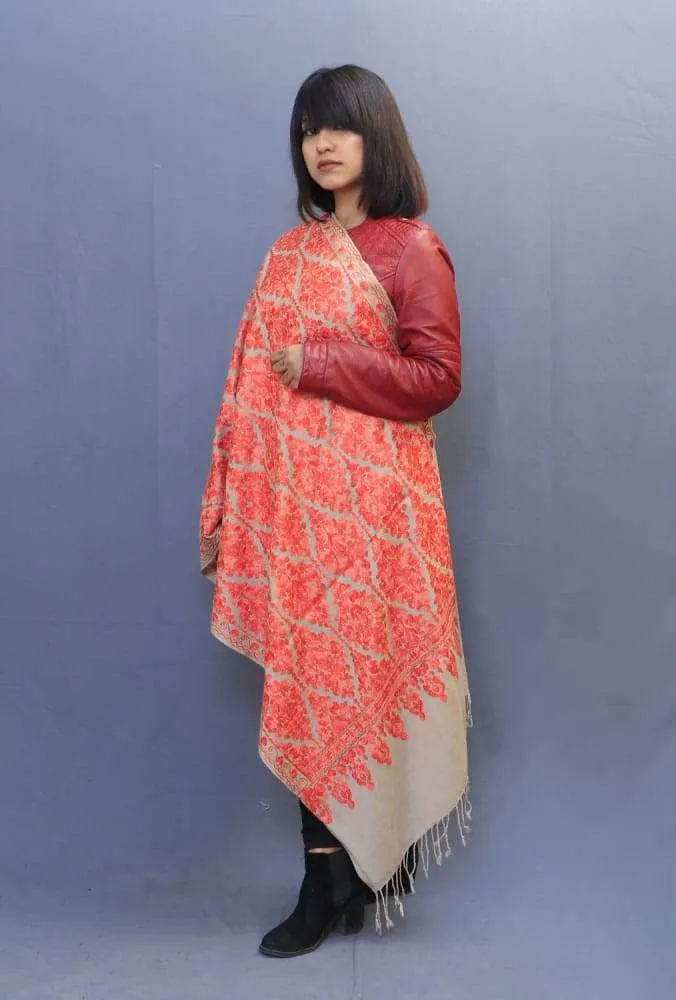 Beige Colour Stole With Kashmiri Embroidery Compliments The Wearer For Owning A Unique Accessory.