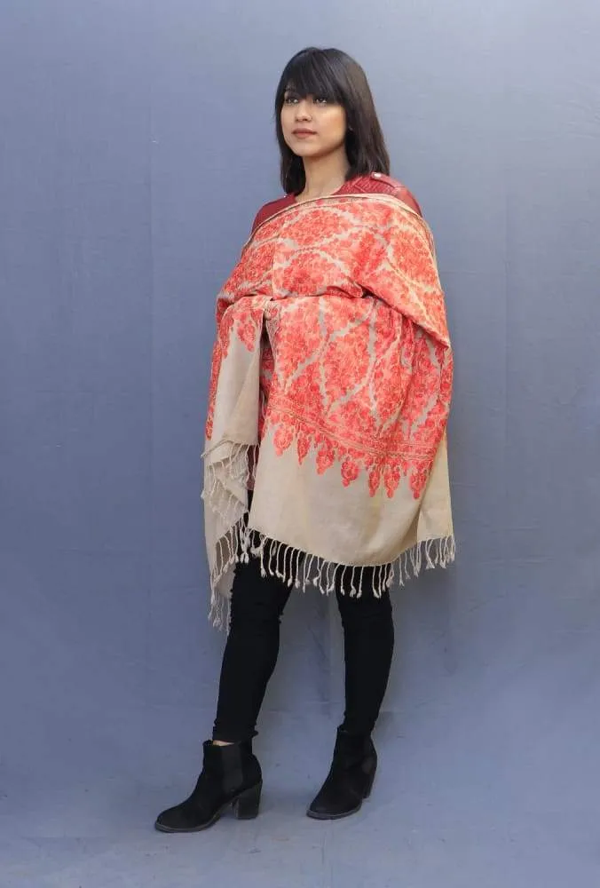 Beige Colour Stole With Kashmiri Embroidery Compliments The Wearer For Owning A Unique Accessory.