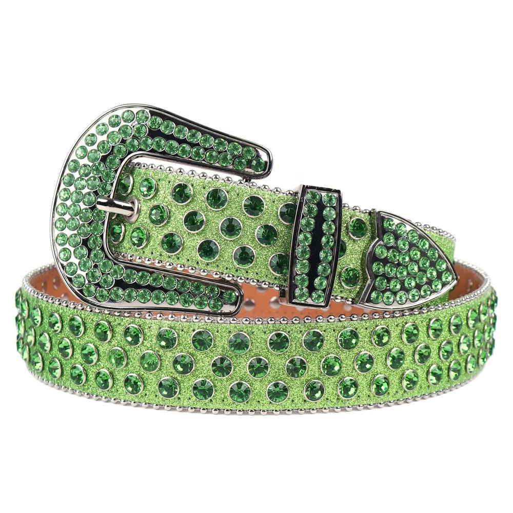 Big Size Customized Green Rhinestone Belts With Diamond For Men Bling Bling Designer Crystal Studded Leather Belt For Jeans