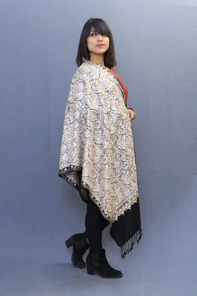 Black Colour Stole With Kashmiri Embroidery Compliments The Wearer For Owning A Unique Accessory.