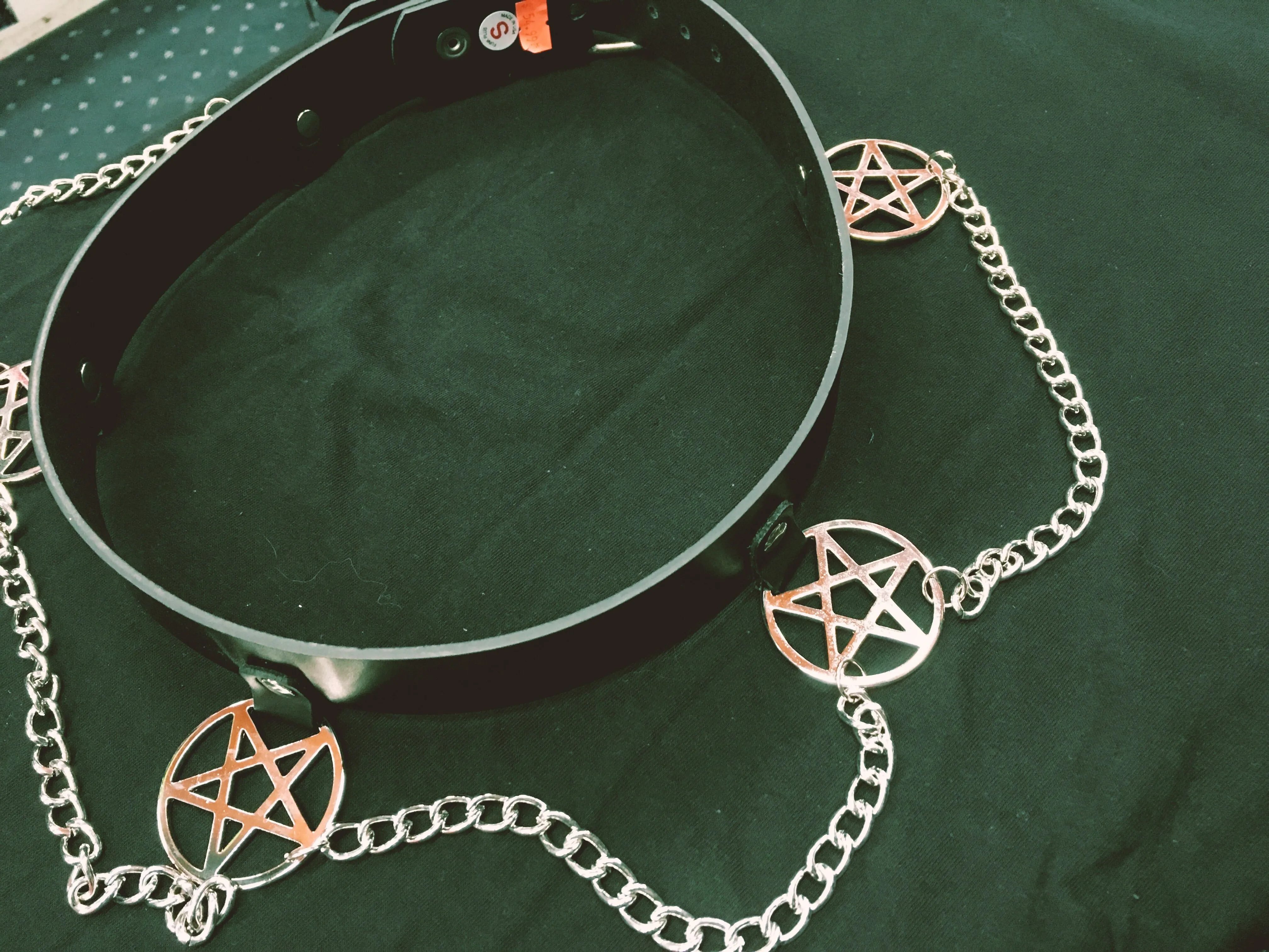 Black Leather Bondage Belt w/ Inverted Pentagram Chain Detail