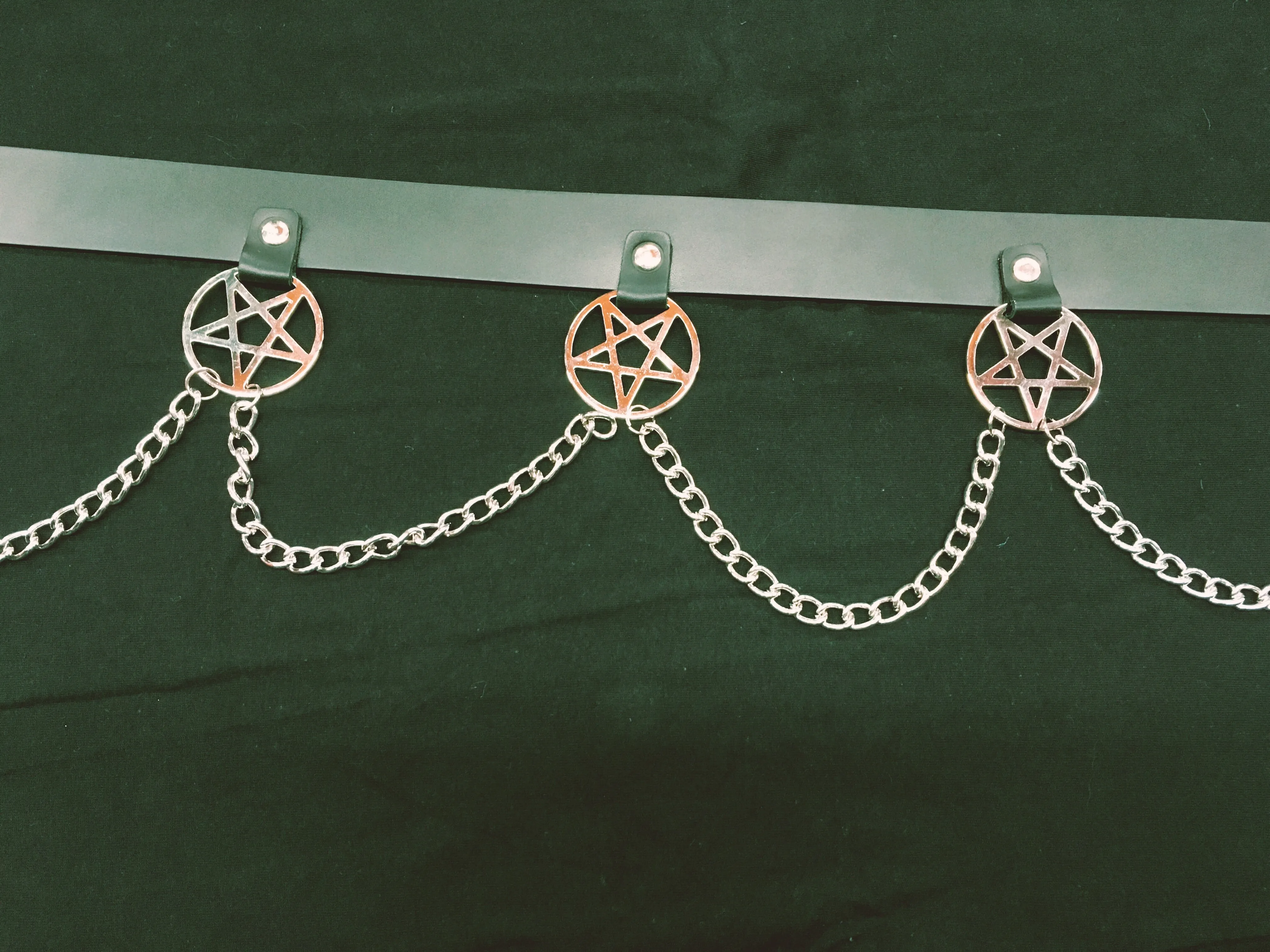 Black Leather Bondage Belt w/ Inverted Pentagram Chain Detail