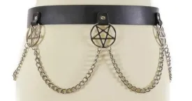 Black Leather Bondage Belt w/ Inverted Pentagram Chain Detail