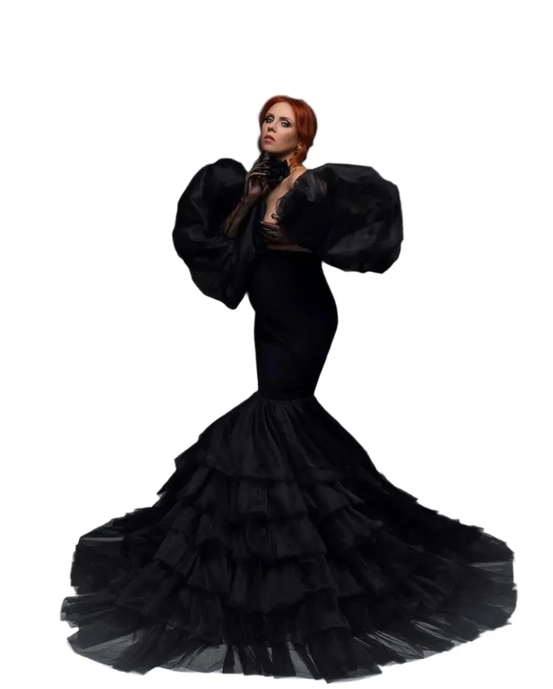Black Puff Sleeve Mermaid Maternity Gown