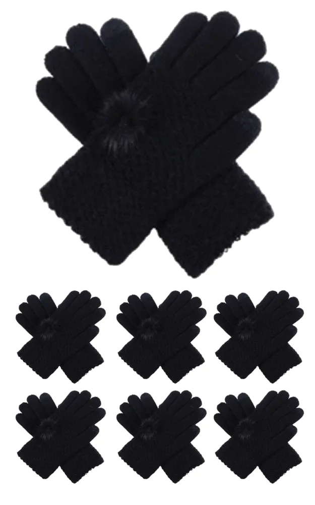 DBG7702BK 12PCS Pack All Black Solid Knit Pompom Glove