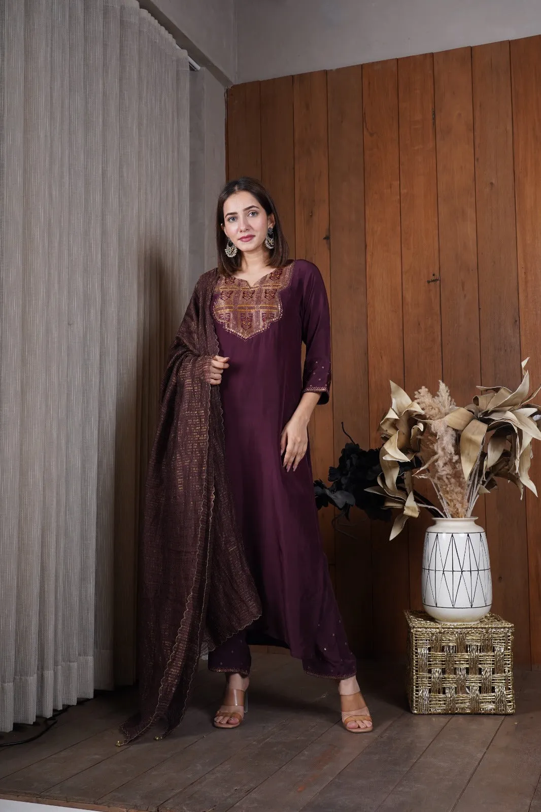 Deep wine silk yoke kurta set
