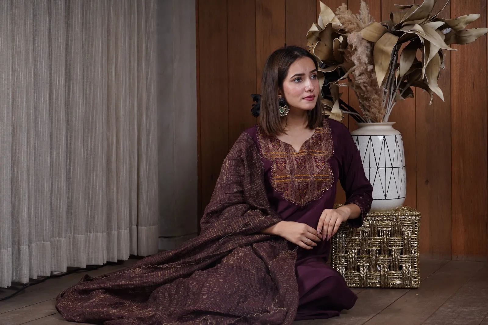Deep wine silk yoke kurta set