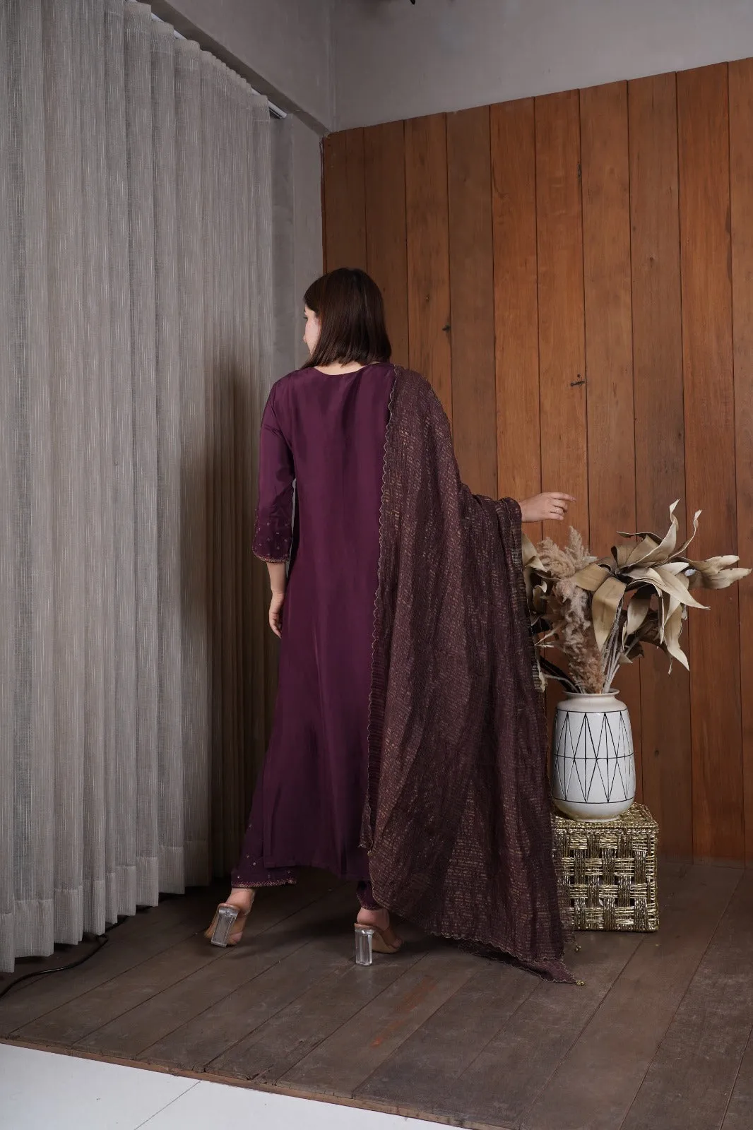 Deep wine silk yoke kurta set