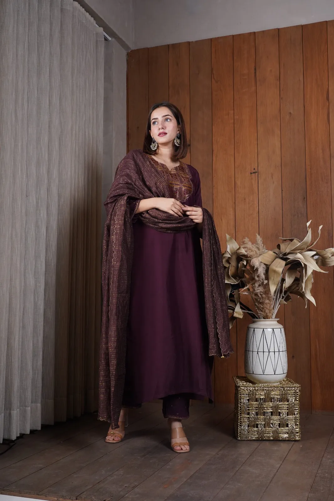 Deep wine silk yoke kurta set