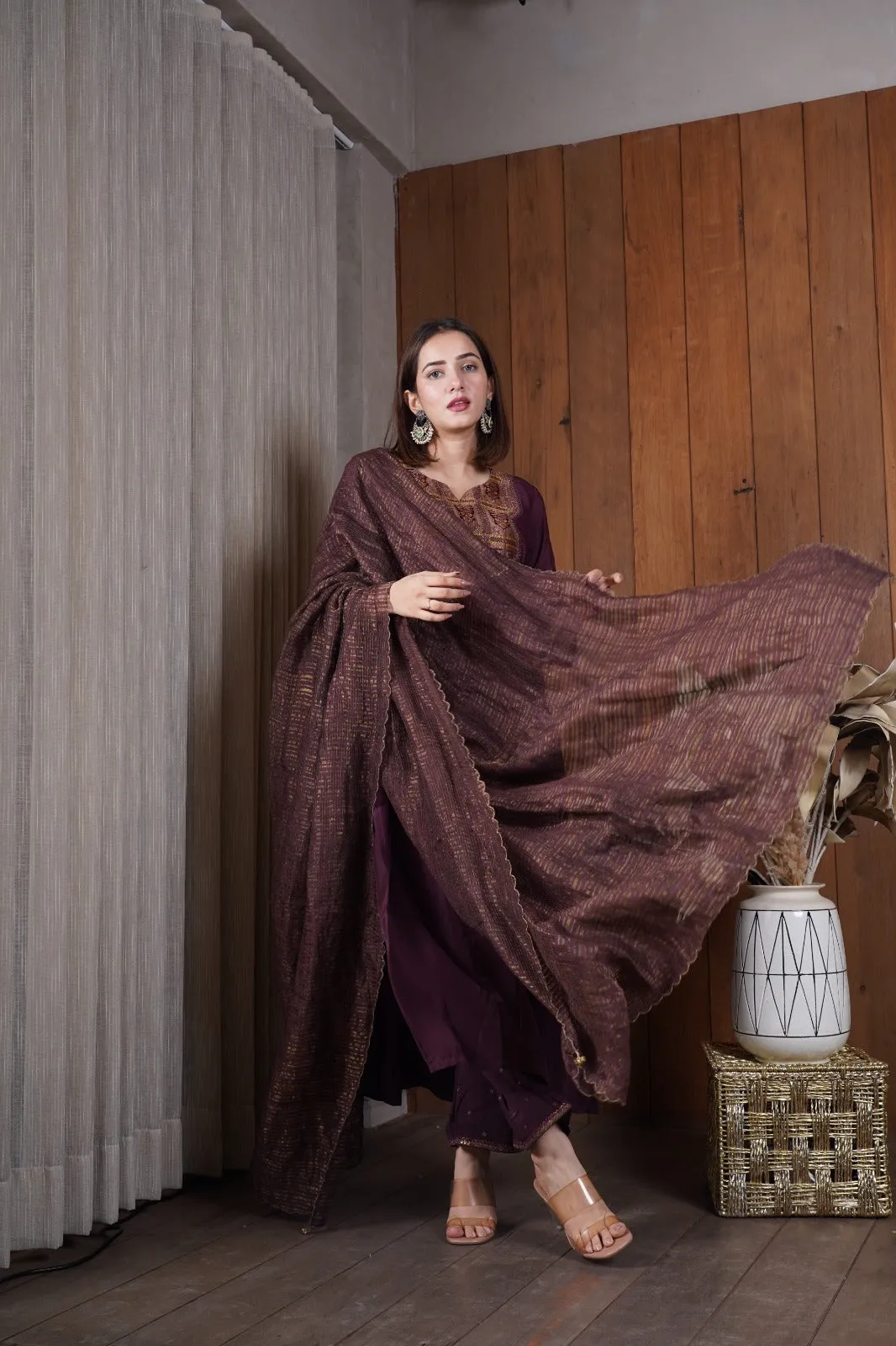 Deep wine silk yoke kurta set