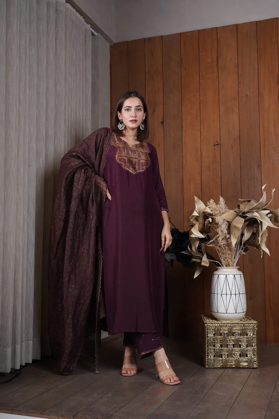 Deep wine silk yoke kurta set
