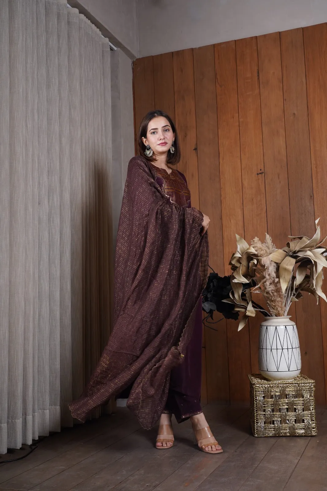 Deep wine silk yoke kurta set