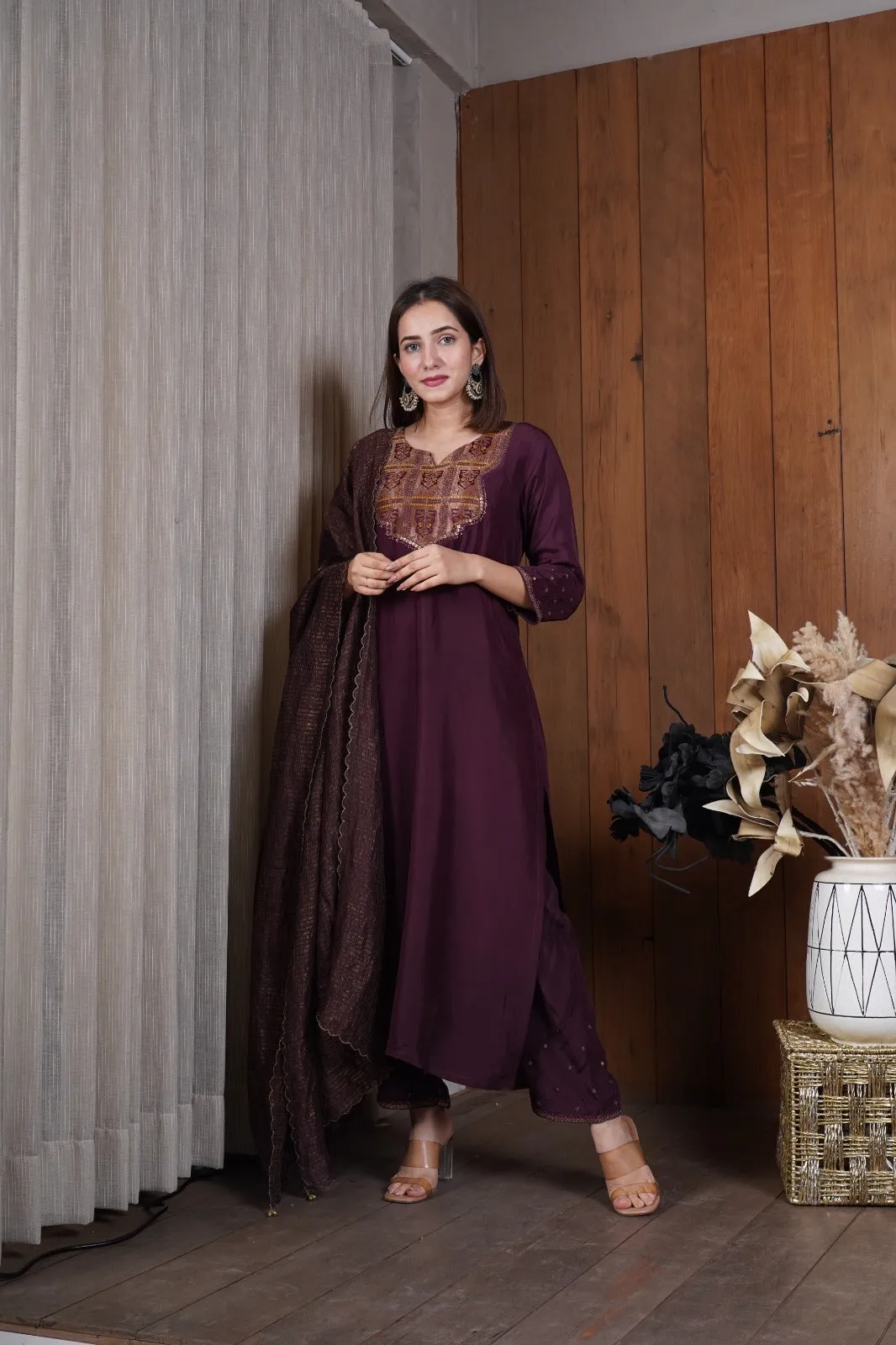 Deep wine silk yoke kurta set