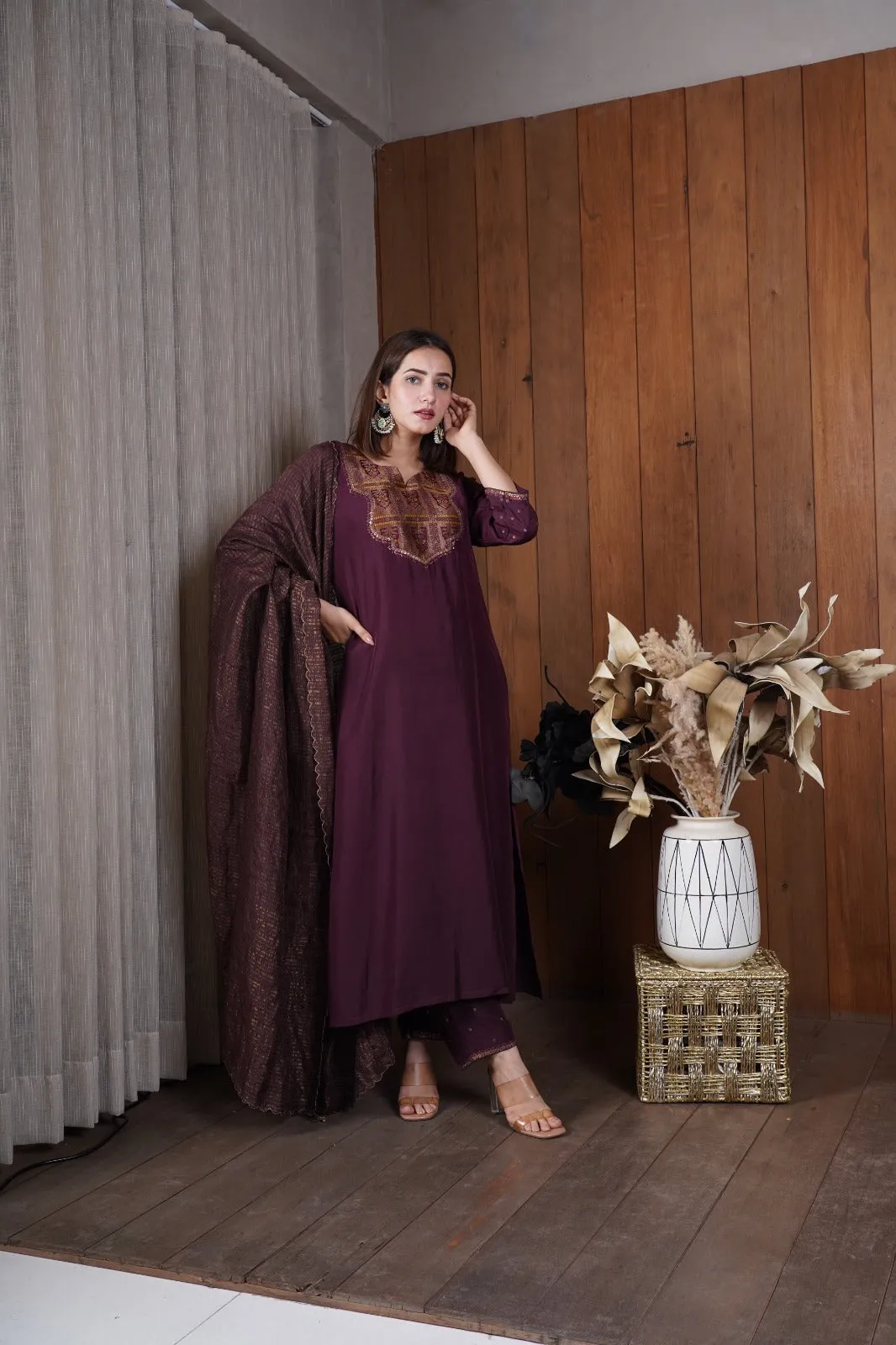 Deep wine silk yoke kurta set