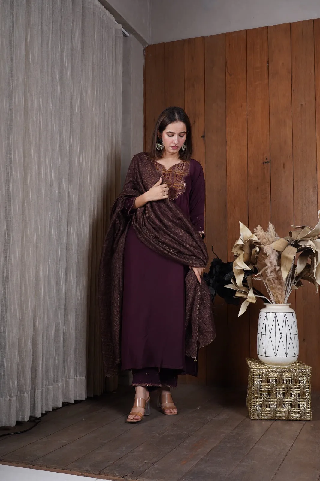 Deep wine silk yoke kurta set