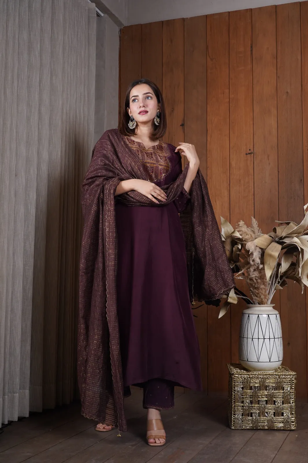 Deep wine silk yoke kurta set