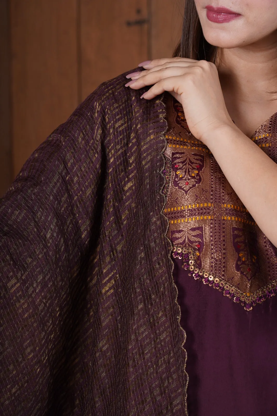 Deep wine silk yoke kurta set