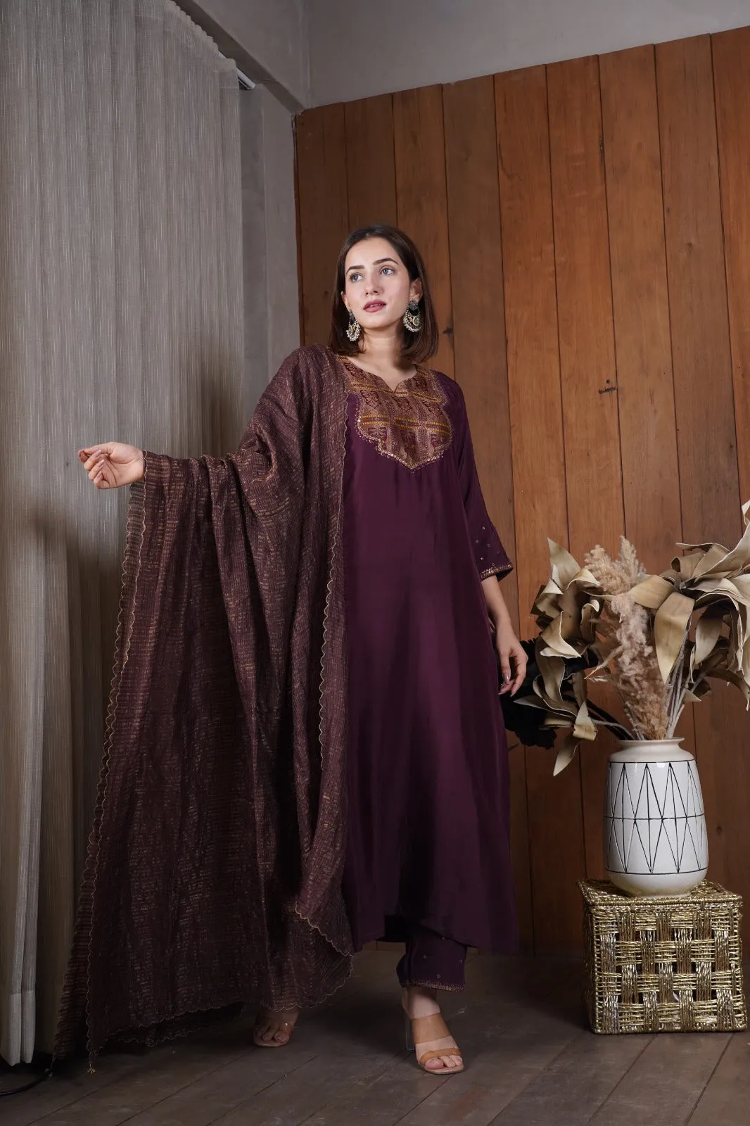 Deep wine silk yoke kurta set