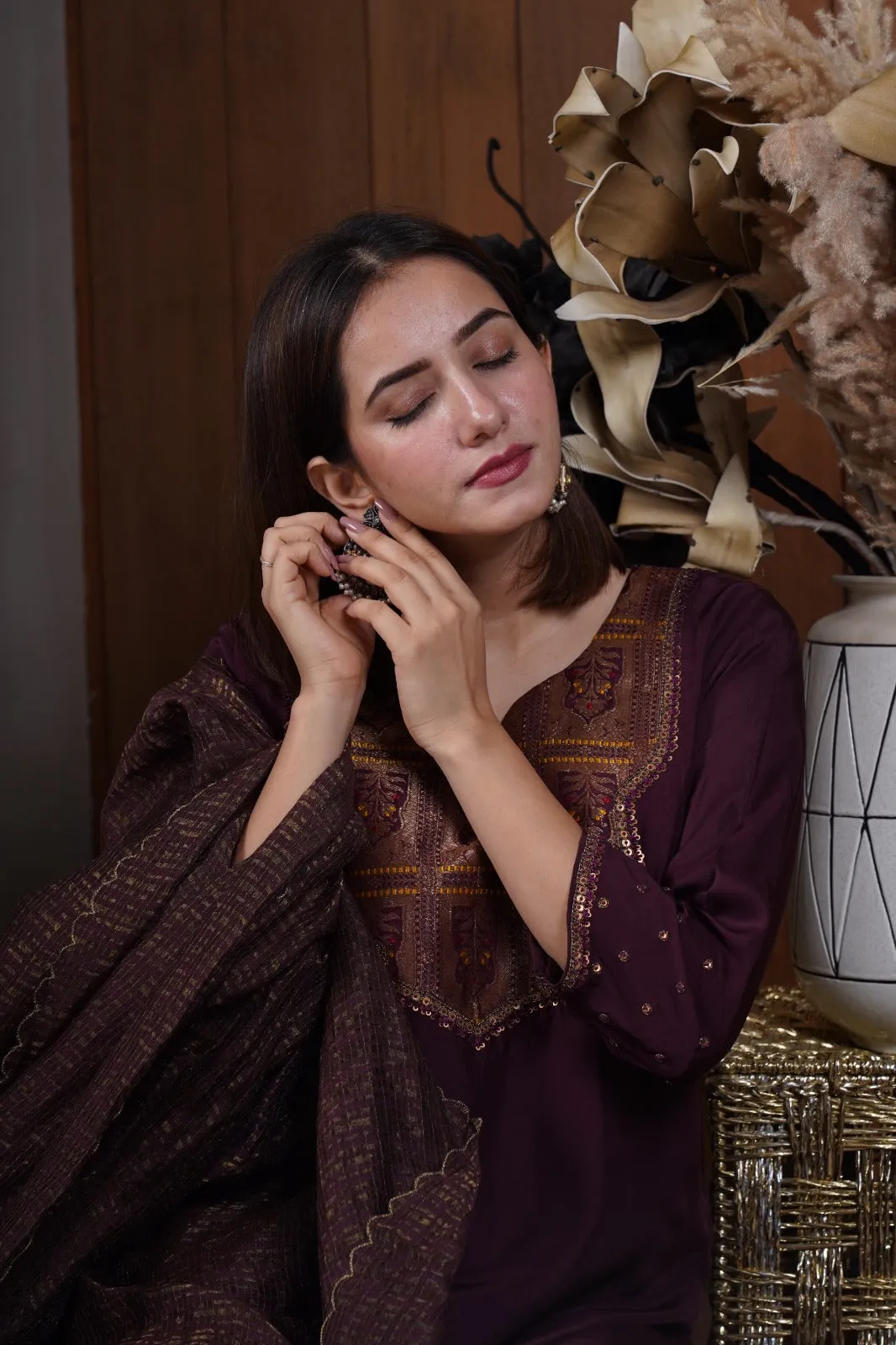 Deep wine silk yoke kurta set