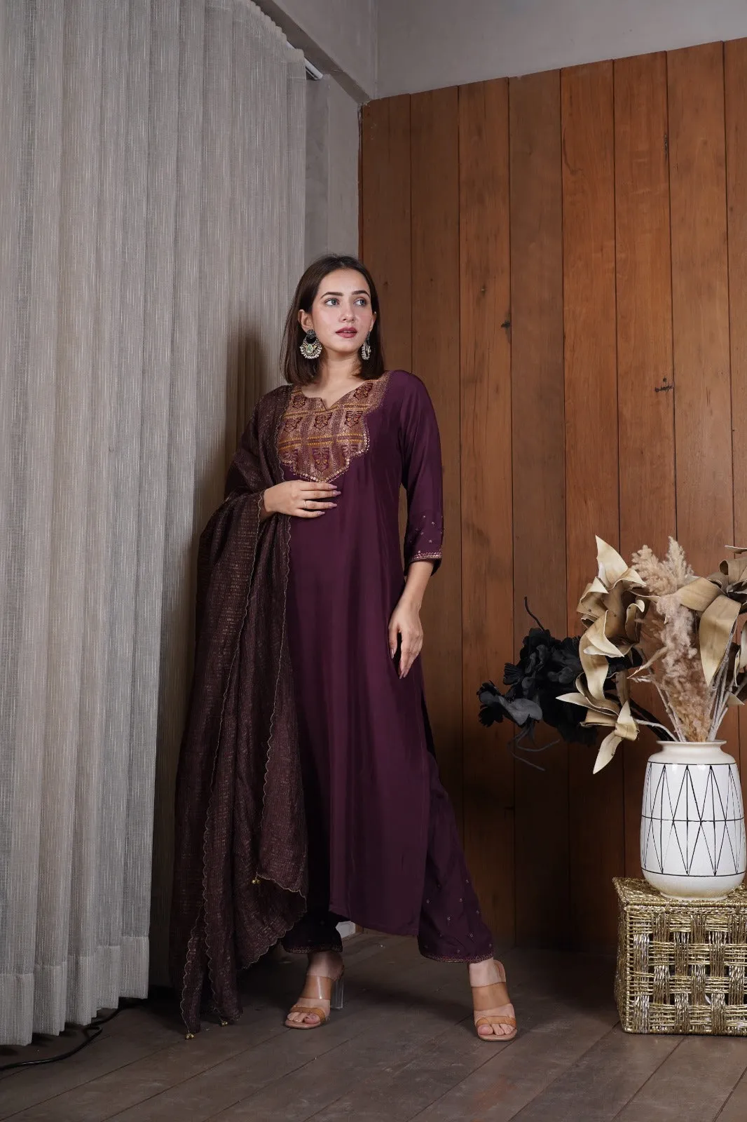 Deep wine silk yoke kurta set