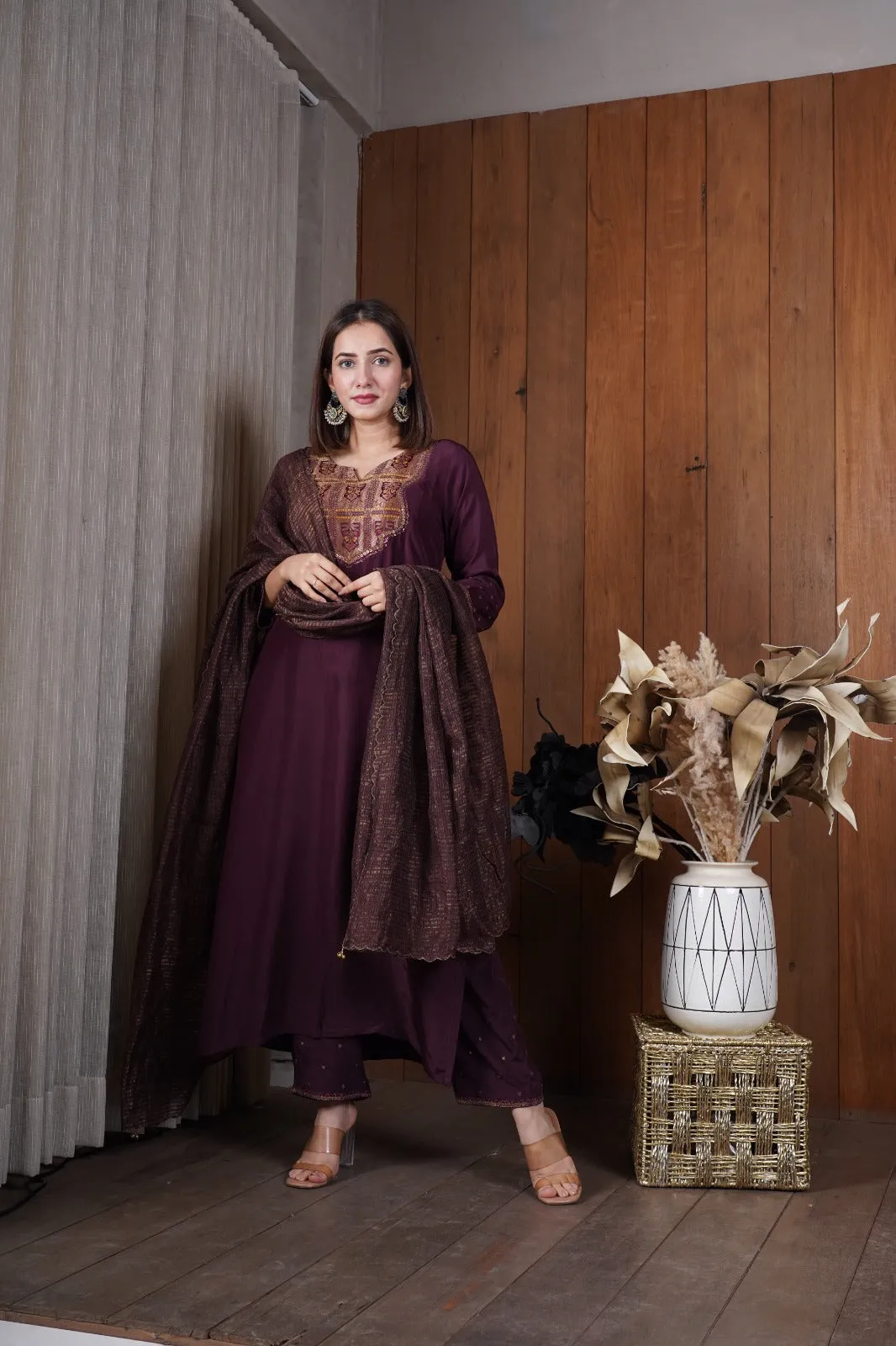 Deep wine silk yoke kurta set