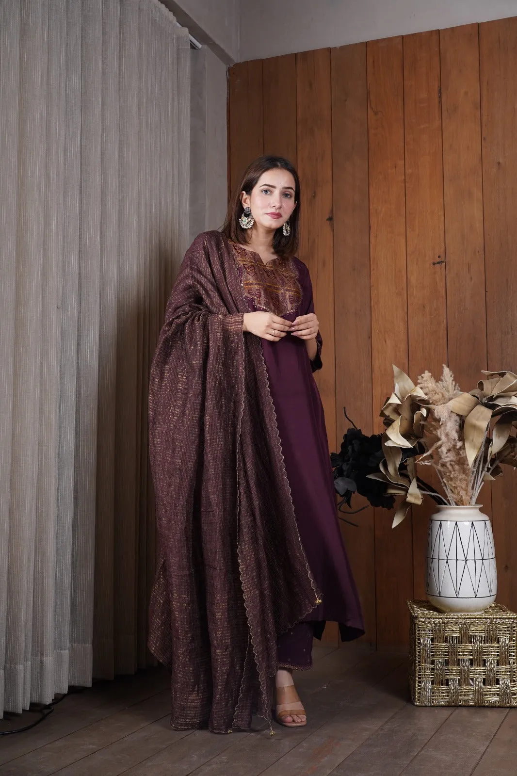 Deep wine silk yoke kurta set