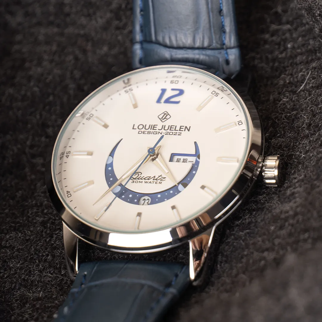 Elegant Moon Phase Watch with Luminous Week Calendar