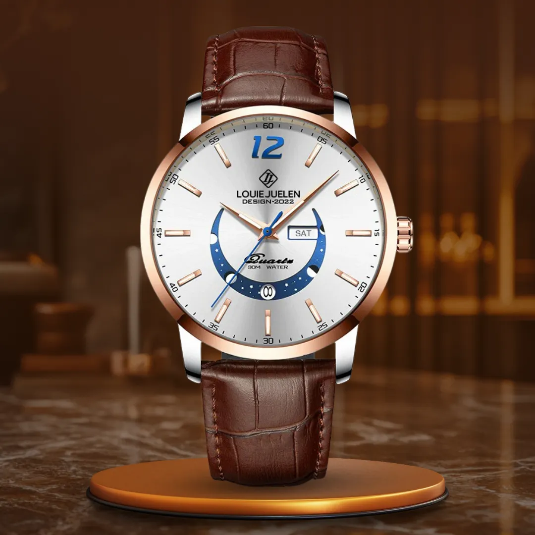 Elegant Moon Phase Watch with Luminous Week Calendar