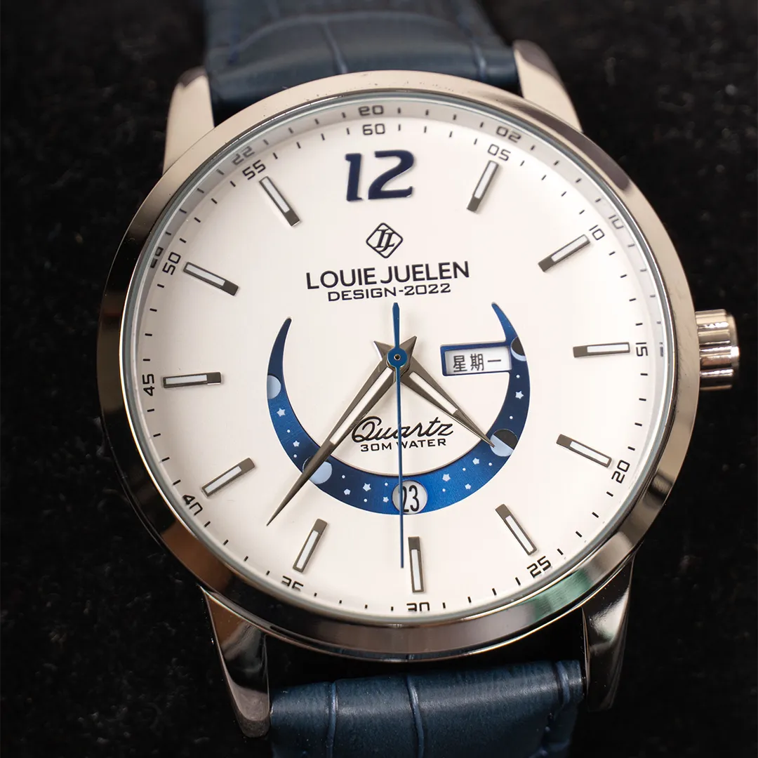 Elegant Moon Phase Watch with Luminous Week Calendar