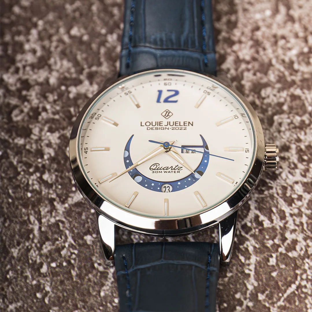Elegant Moon Phase Watch with Luminous Week Calendar