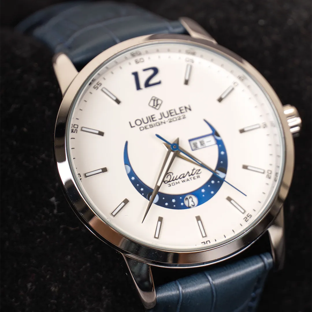 Elegant Moon Phase Watch with Luminous Week Calendar
