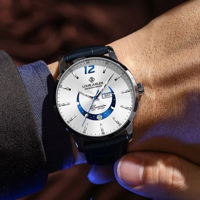 Elegant Moon Phase Watch with Luminous Week Calendar