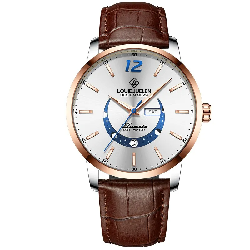 Elegant Moon Phase Watch with Luminous Week Calendar