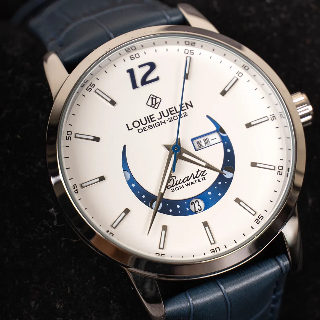 Elegant Moon Phase Watch with Luminous Week Calendar