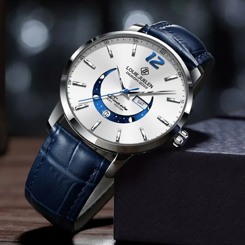 Elegant Moon Phase Watch with Luminous Week Calendar