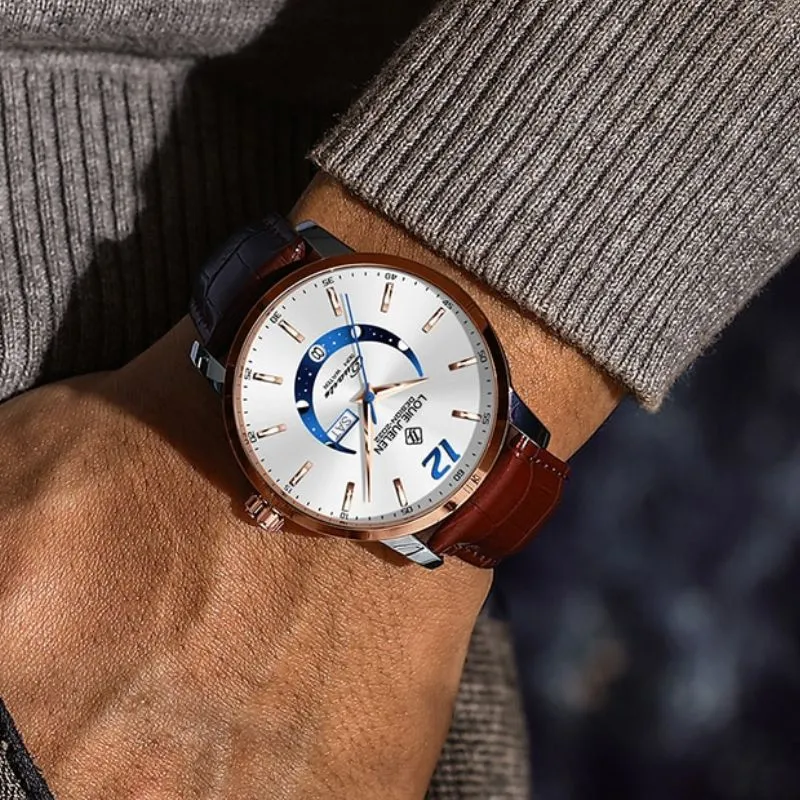 Elegant Moon Phase Watch with Luminous Week Calendar